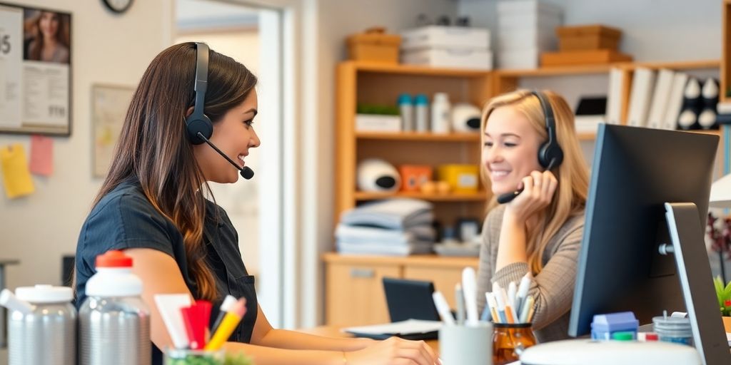 Customer service representative helping a client over the phone.