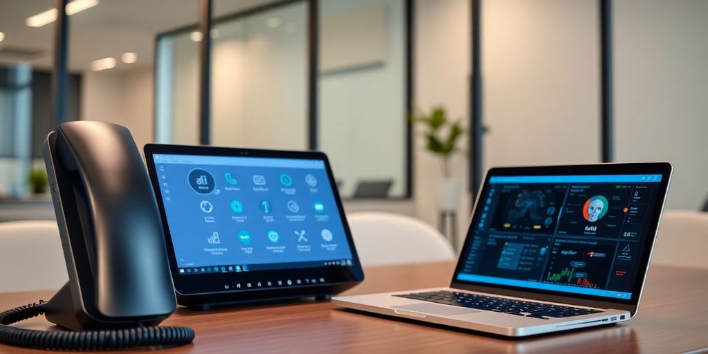 Modern office with phone system and AI software.
