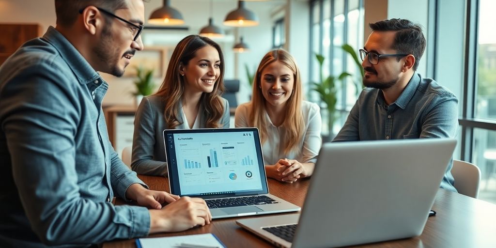 Professionals collaborating on AI pricing strategies in an office.