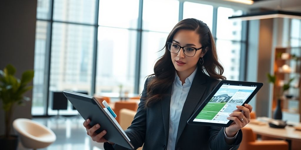 Agent analyzing AI property listings on a tablet.