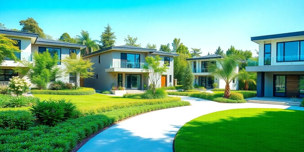 Modern homes with greenery and blue sky background.