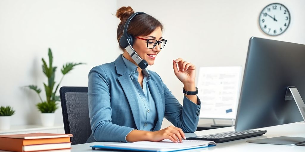 Virtual assistant at a desk managing calls efficiently.