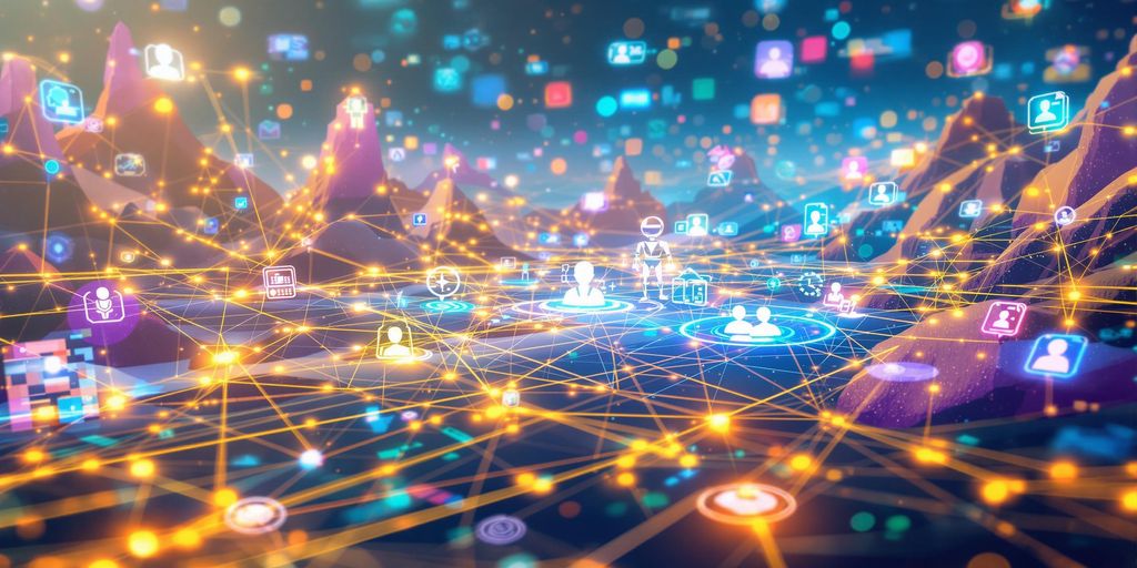 Futuristic digital landscape with AI and communication lines.