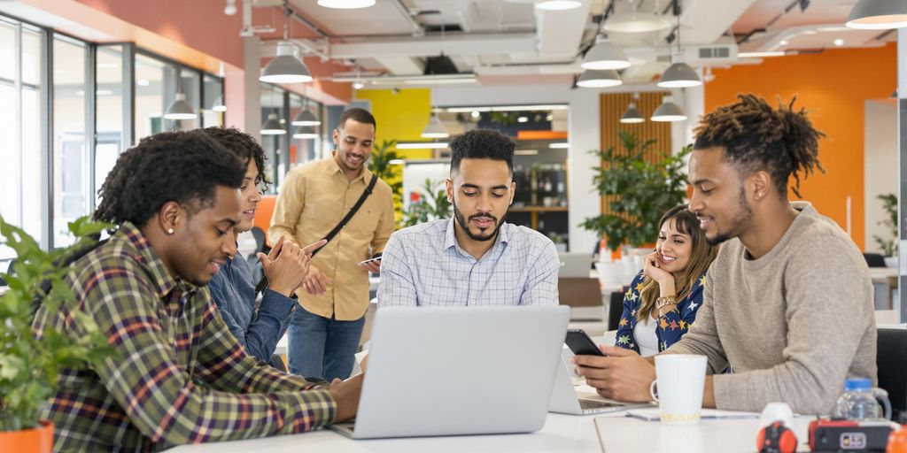 Diverse team collaborating in a modern workspace.