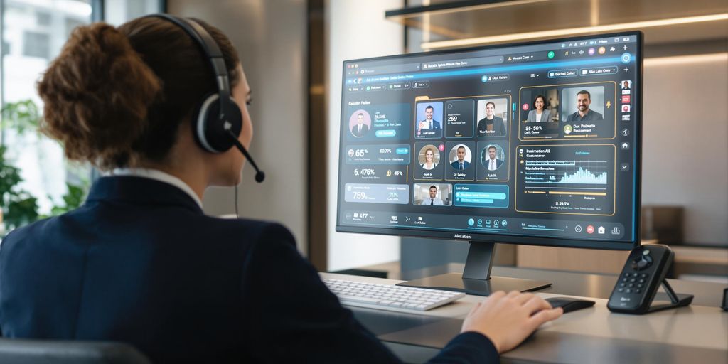 Modern receptionist using AI software in a stylish office.