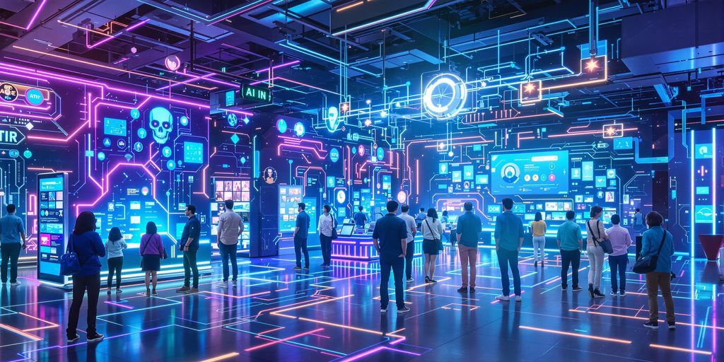 Diverse customers engaging with AI in a futuristic setting.