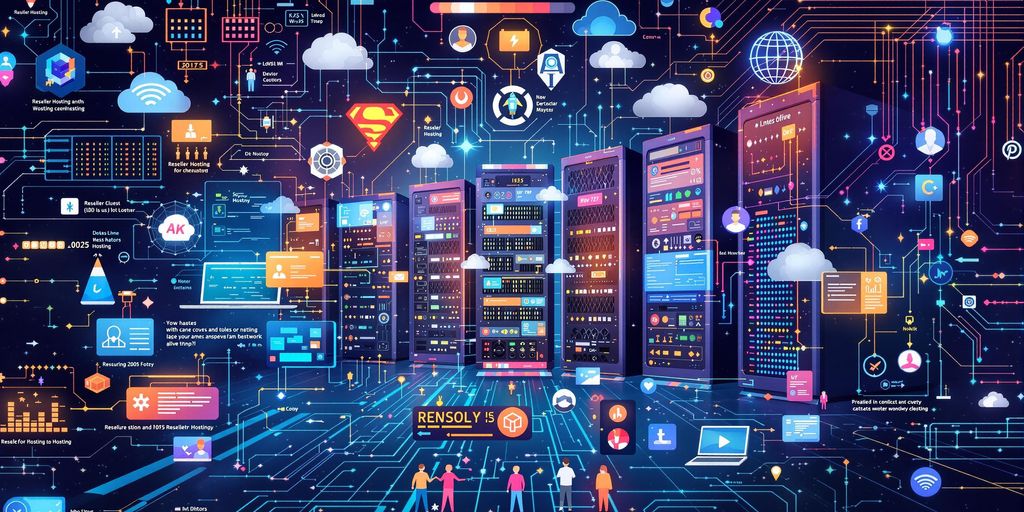 Collage of servers and laptops for reseller hosting.