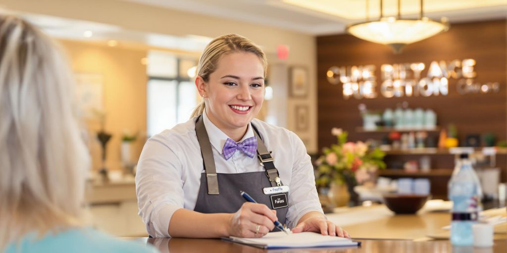 Front desk employee taking notes while assisting a guest.