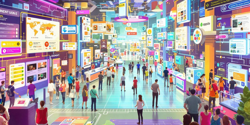 Futuristic digital marketplace with users engaging in transactions.