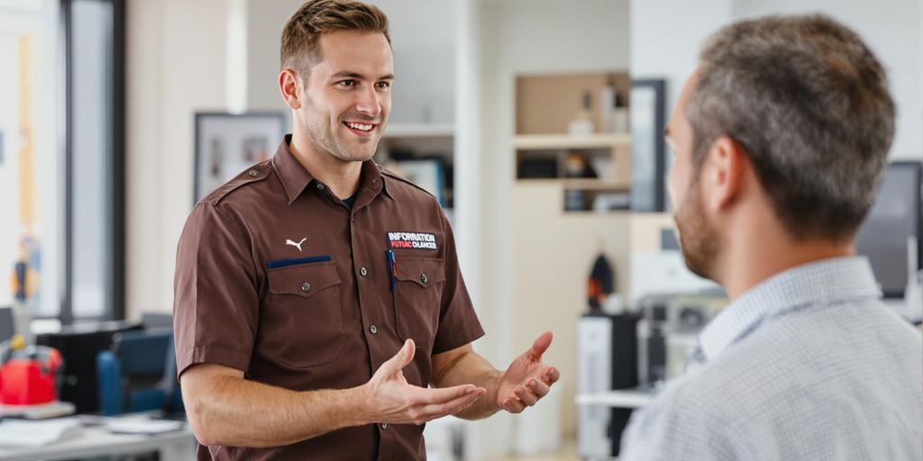 HVAC technician communicating with a client in an office.