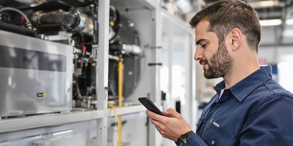 HVAC technician with smartphone in a bright office.