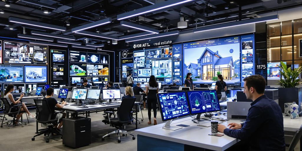 Futuristic real estate office with AI technology and agents.