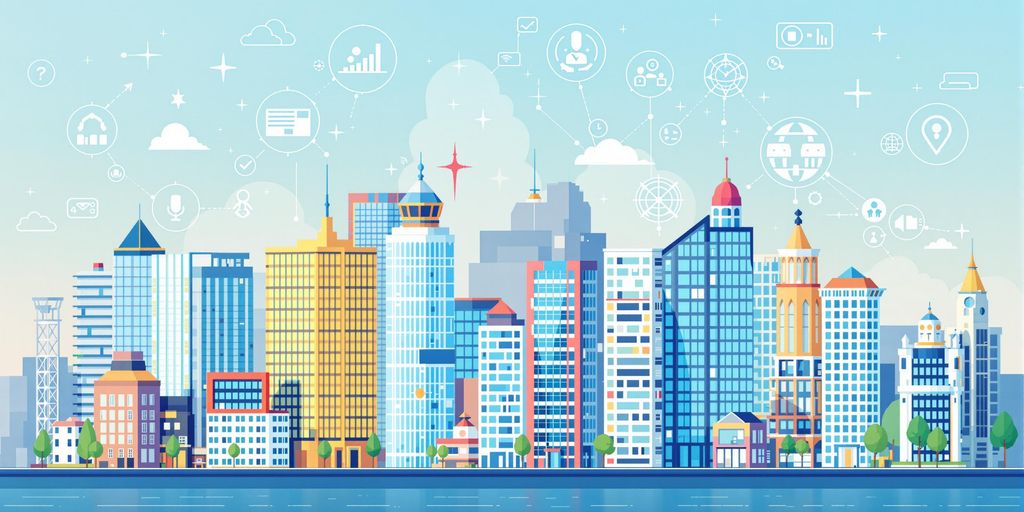 Modern city skyline with smart technology in real estate.