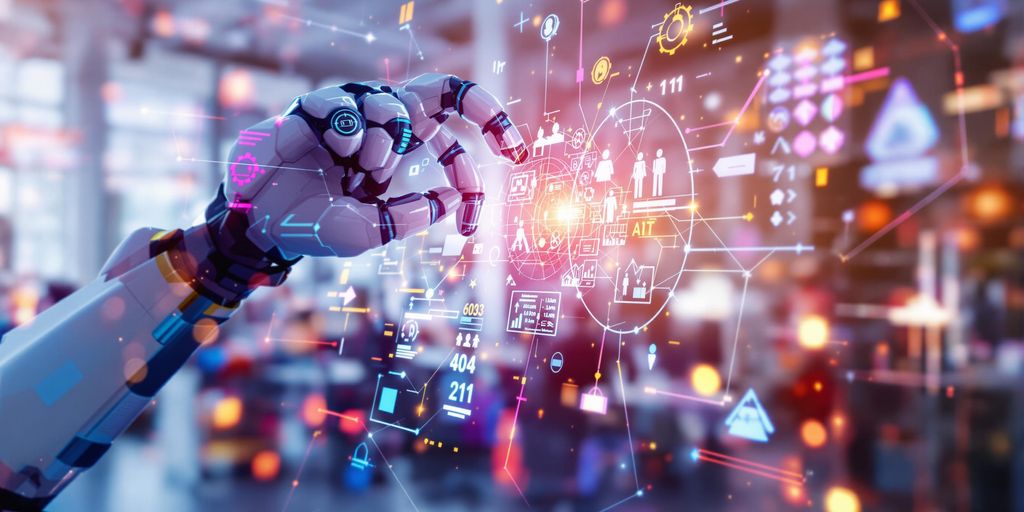 Robotic arm with digital elements on blurred office background.