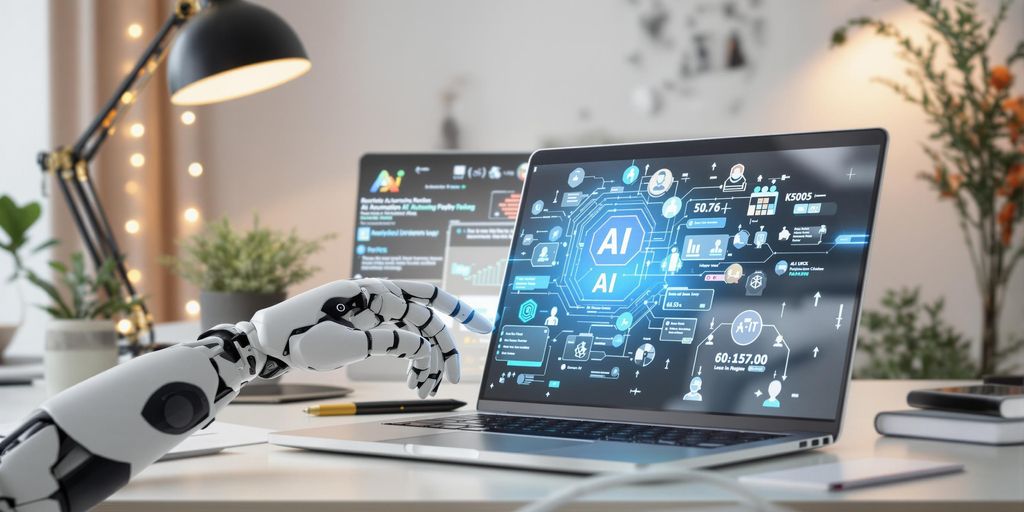 Modern workspace with AI tools and technology elements.