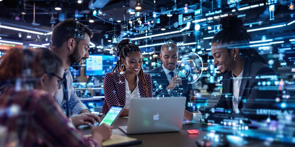 Diverse professionals collaborating in a futuristic AI workspace.
