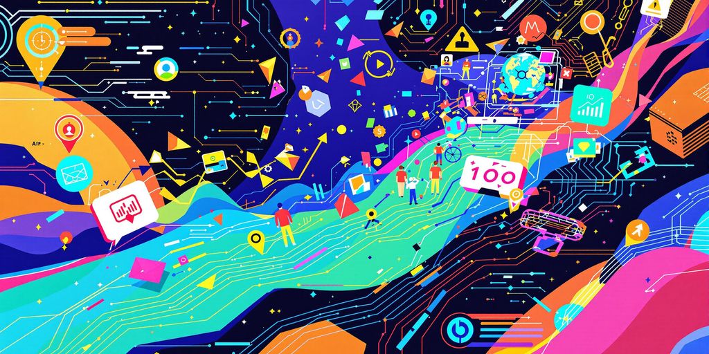 Futuristic marketing tools with AI elements in vibrant colors.