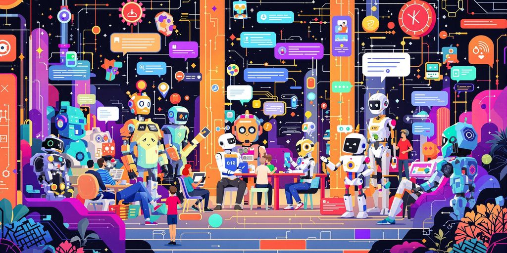 Diverse AI chatbots interacting in a futuristic environment.