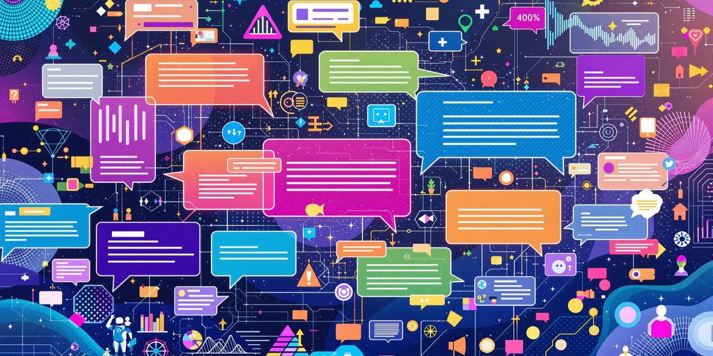 Colorful chat bubbles in a digital landscape for AI chatbots.