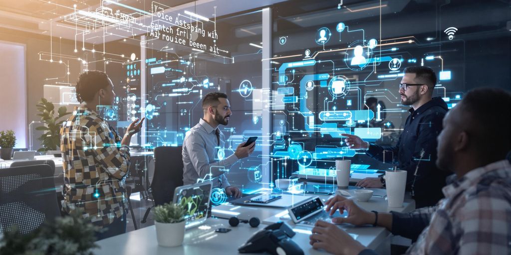 Diverse professionals using AI voice technology in a workspace.