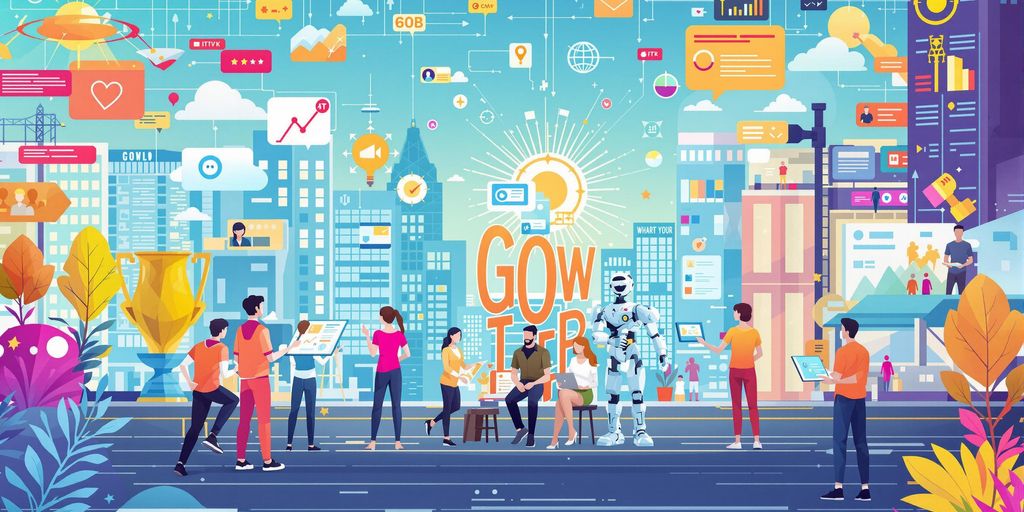 Futuristic marketing scene with AI tools and collaboration.