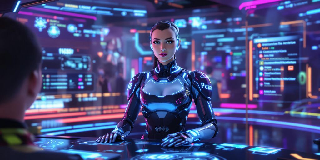 Futuristic AI receptionist in a vibrant gaming scene.