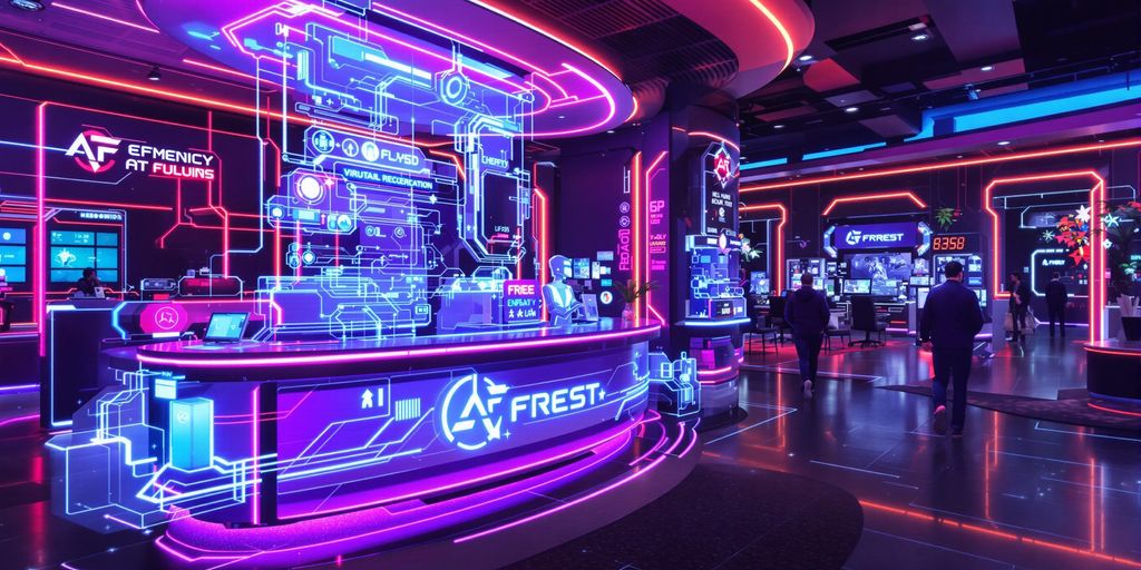 Futuristic virtual receptionist in a vibrant gaming environment.