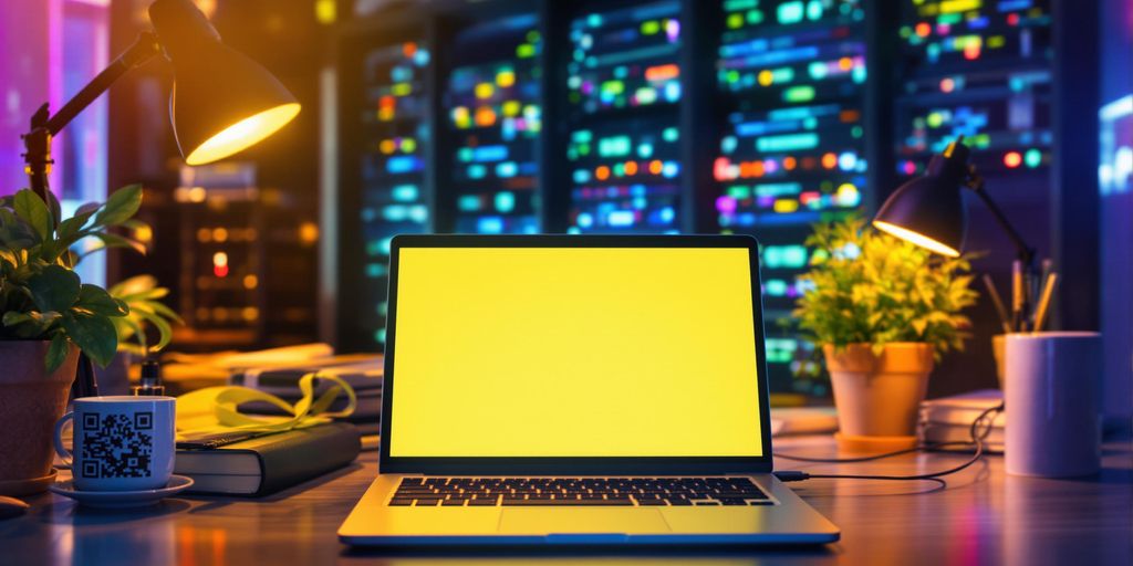 A modern laptop with server equipment on a desk.