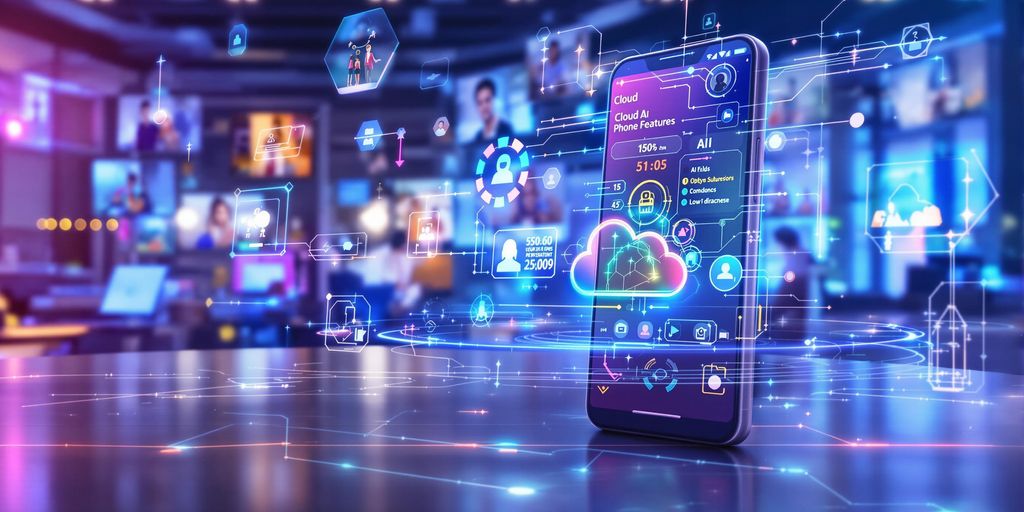 Futuristic cloud phone device in modern office environment.