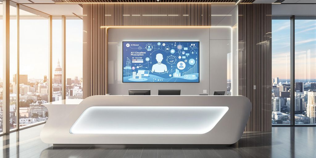 Futuristic office with AI receptionist on a screen.