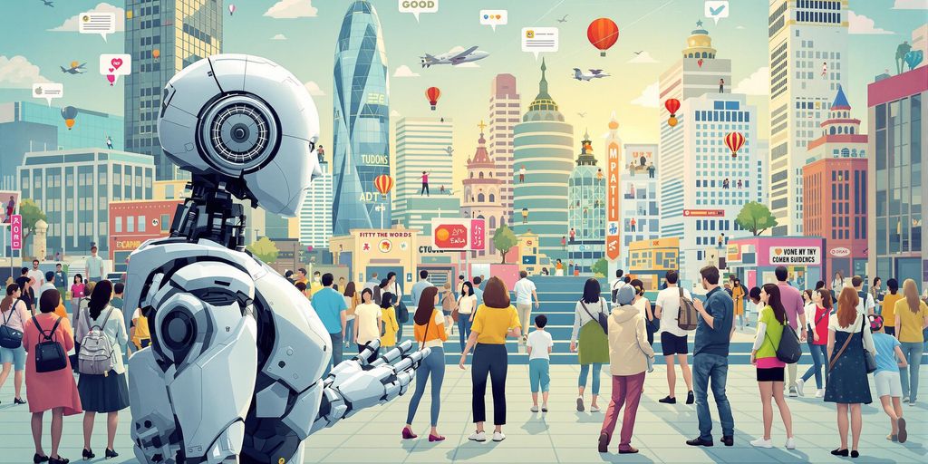 AI robot interacts with diverse people in a city.