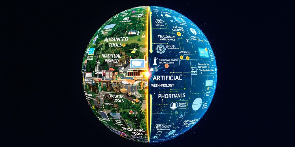 Globe divided with AI tech and traditional tools.