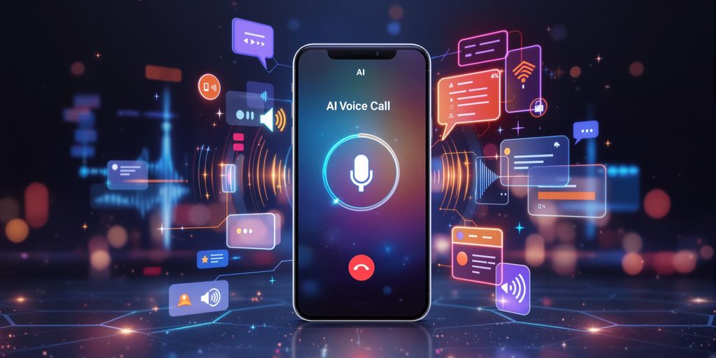 Futuristic smartphone with AI voice call interface and sound waves.