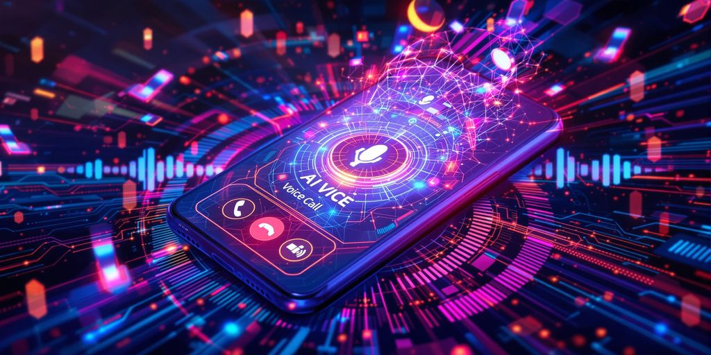 Futuristic smartphone with AI voice call interface and sound waves.