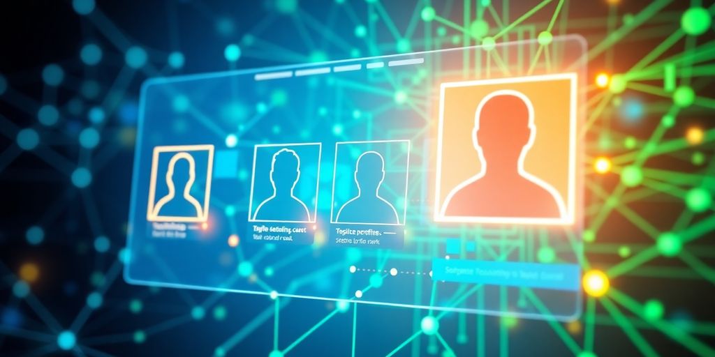 Futuristic digital interface with glowing customer profiles.