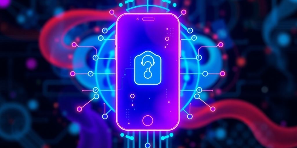 AI phone system interface with memory symbol and abstract design.