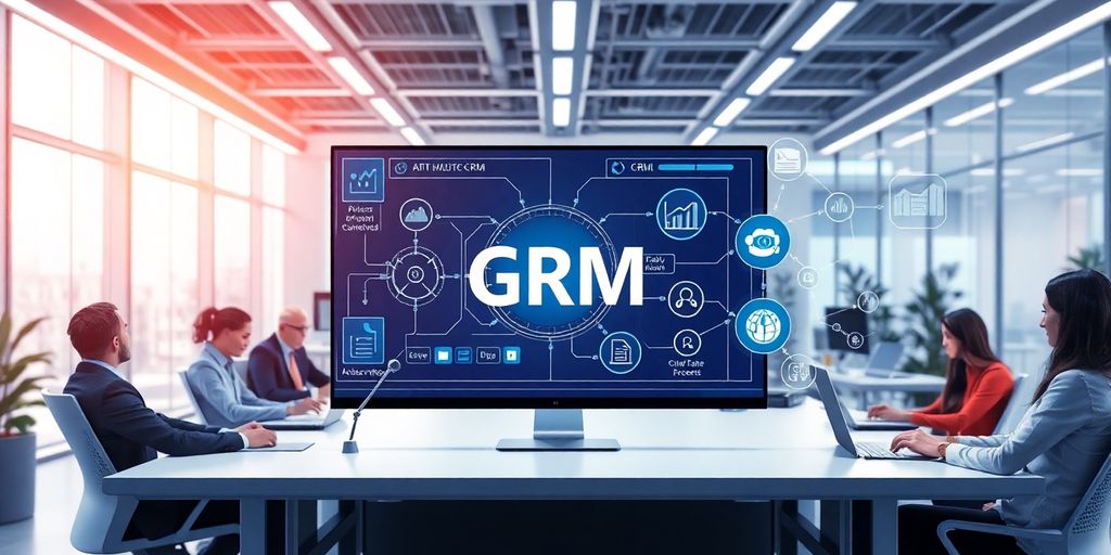 Futuristic office with AI technology and diverse professionals collaborating.