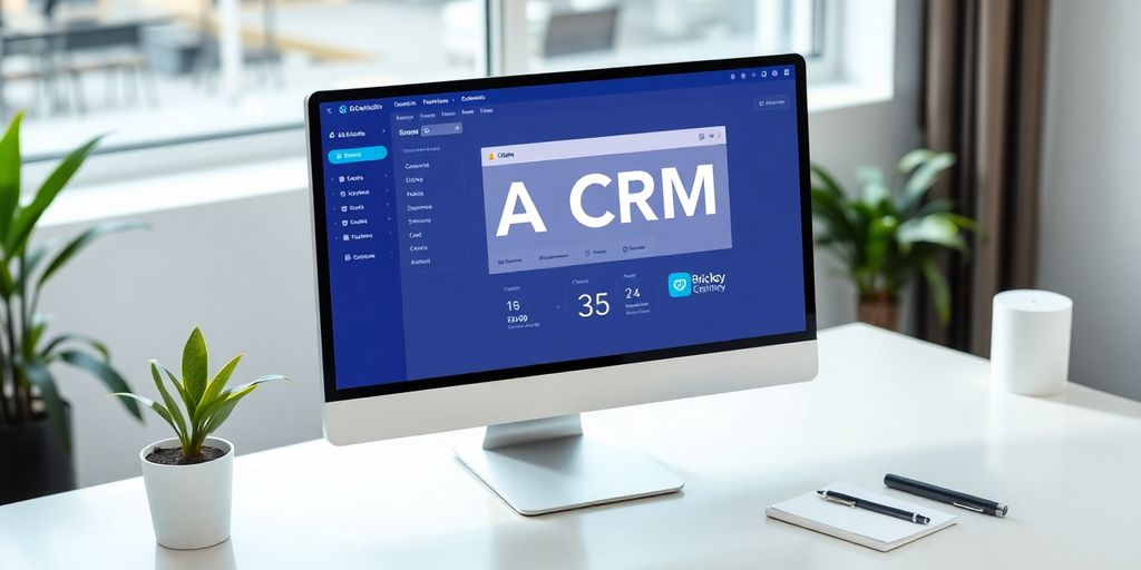 Modern workspace with AI CRM interface on screen.