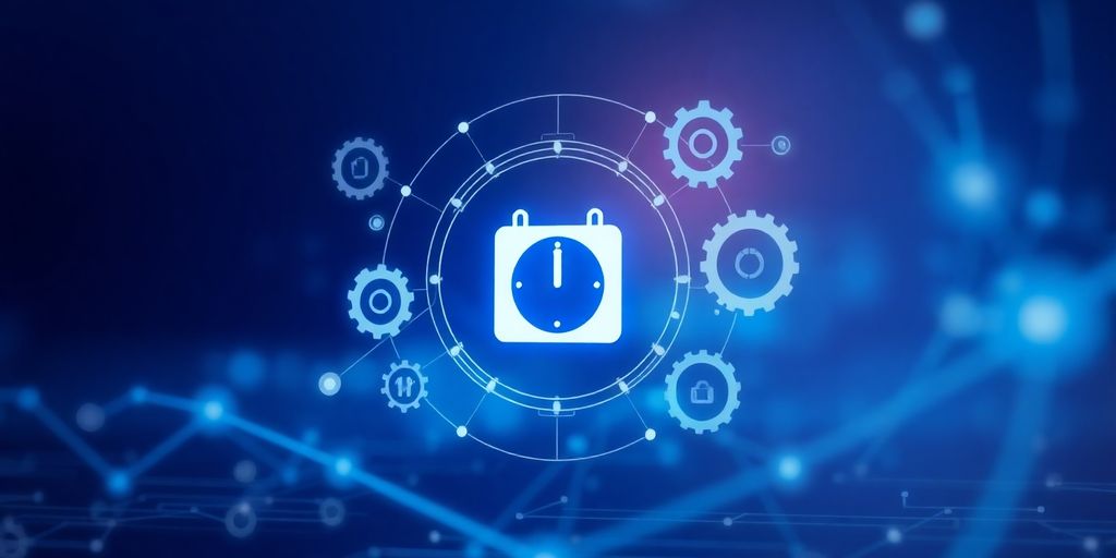 Digital calendar interface with gears and connectivity icons.