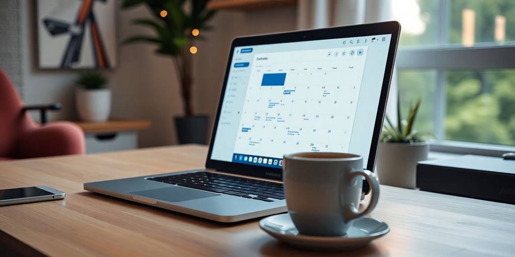 Sleek laptop with calendar in a cozy workspace.