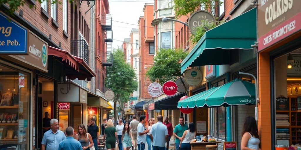 Bustling local business district with diverse storefronts and people.