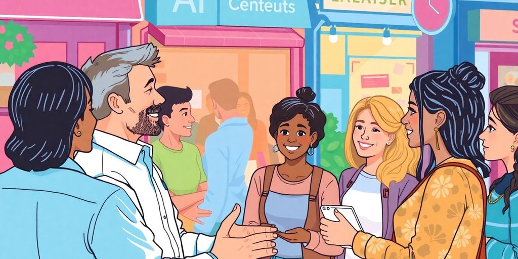 Local business owner interacting with happy customers in neighborhood.