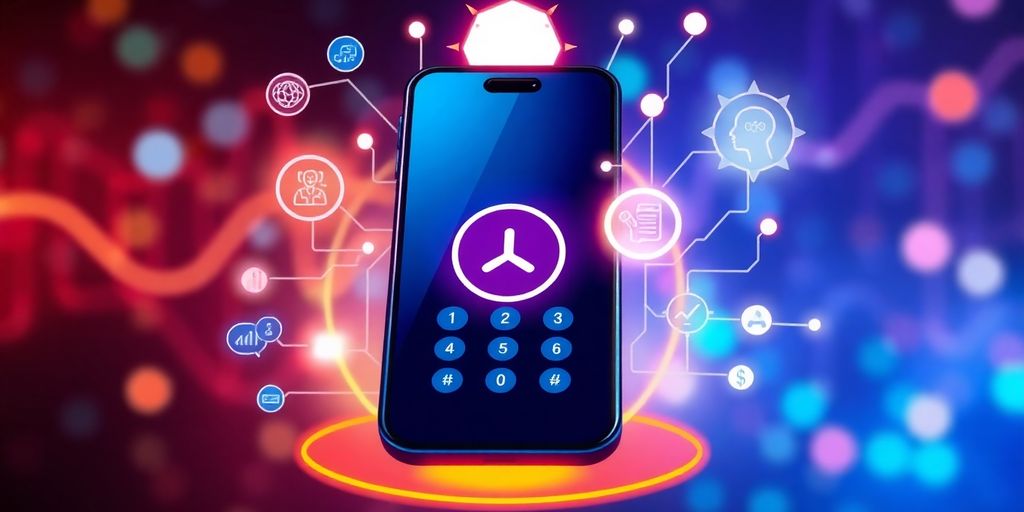 Phone with digital elements representing call tracking analytics.