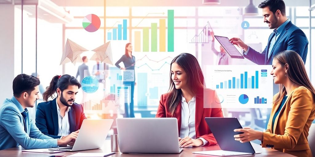 Business team collaborating with technology for revenue growth.