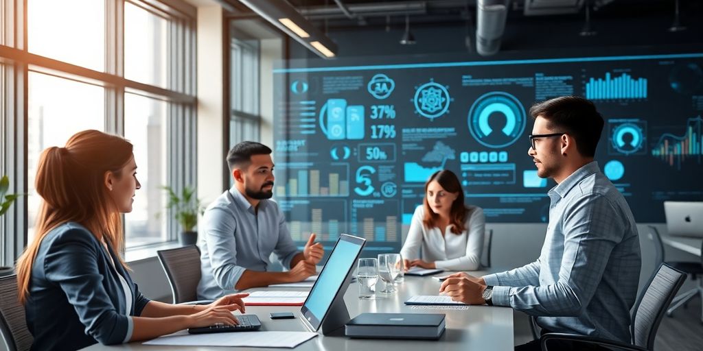 Professionals collaborating on AI technology in a modern office.