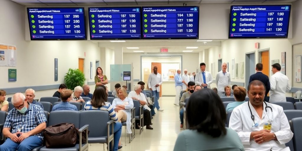 Patients in a waiting room at a busy hospital.