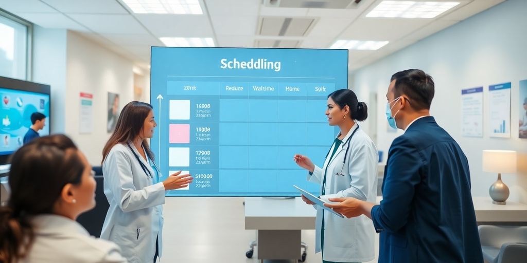 Healthcare team assisting patients with AI scheduling system.
