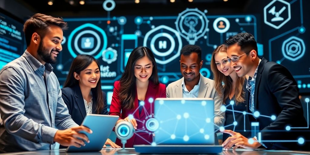 Diverse professionals collaborating with AI technology for retention.