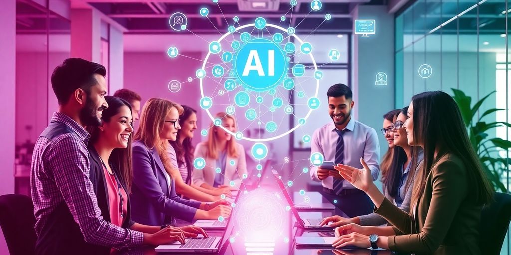 Diverse professionals collaborating with AI in a modern office.