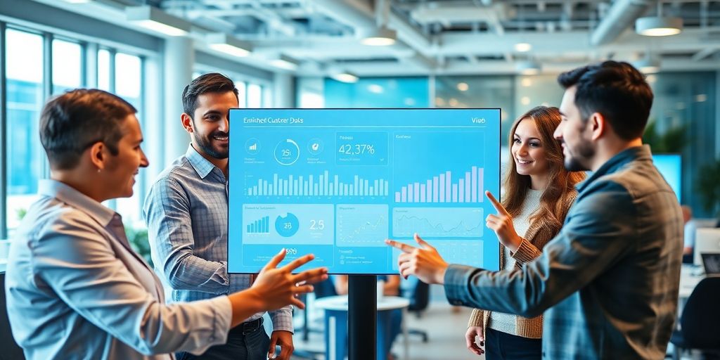 Team collaborating on customer data enrichment in a modern office.